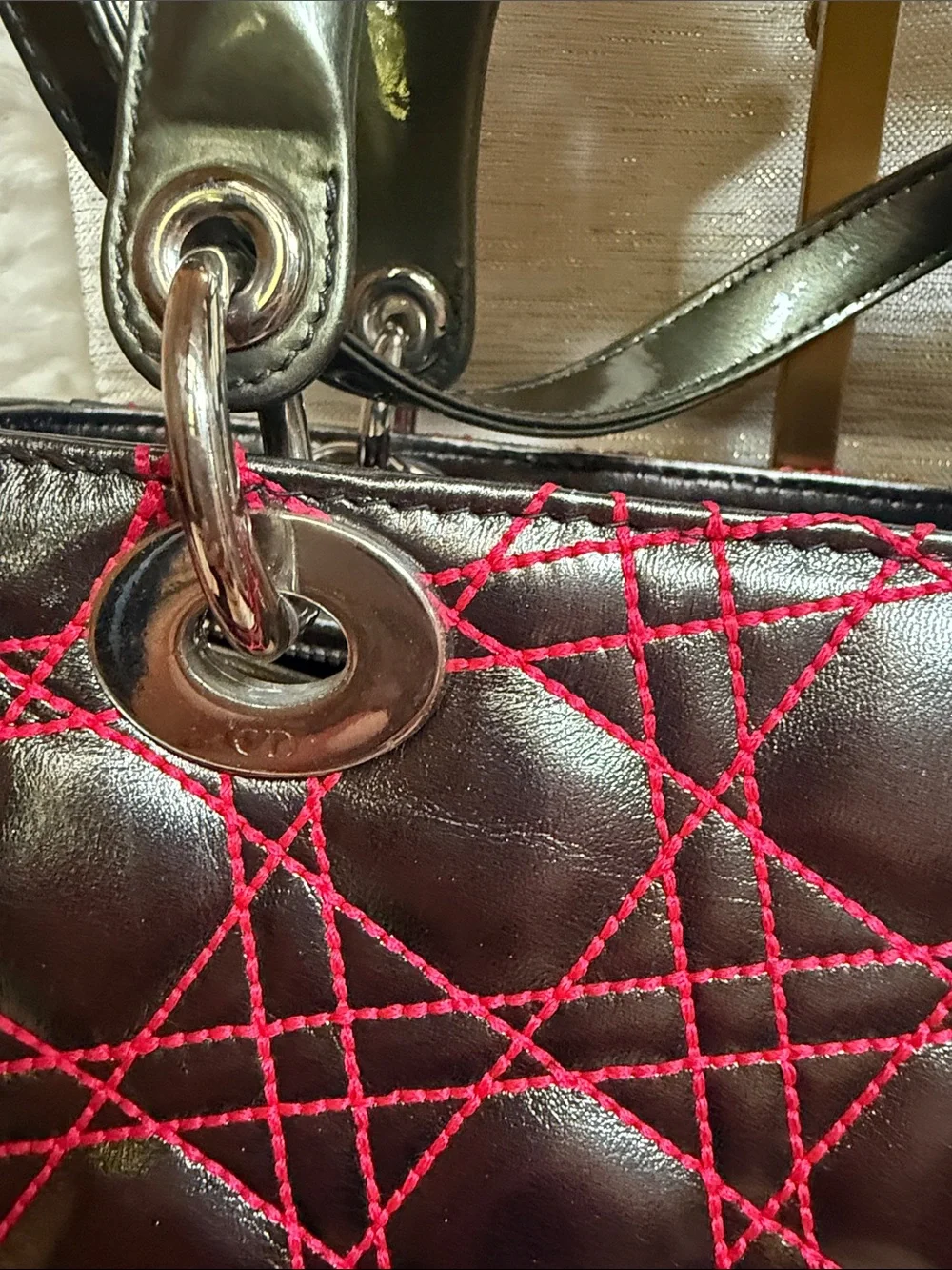 Dior Silver Grey Quilted Leather Satchel with Hot Pink Stitching & Charms